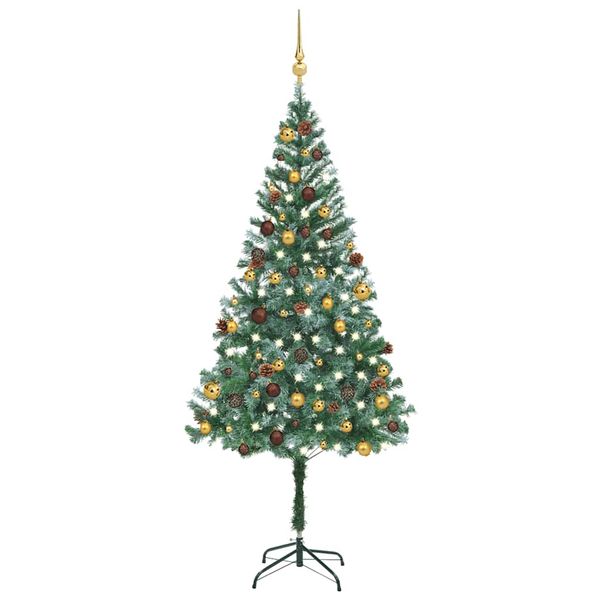 vidaXL Osvetlený umelý vianočný stromček s guľami a šiškami 180 cm