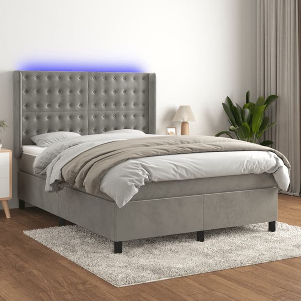 vidaXL Posteľ boxsping s matracom a LED bledosivá 140x200 cm zamat