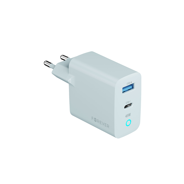 Forever Vibe-TC45AC GaN PD QC nabíjačka 1x USB-C 1x USB 45W strieborná
