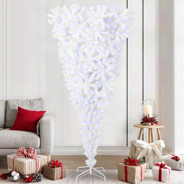 vidaXL Umelý vianočný stromček s 300 LED-i Biela 210 cm PVC a oceľ