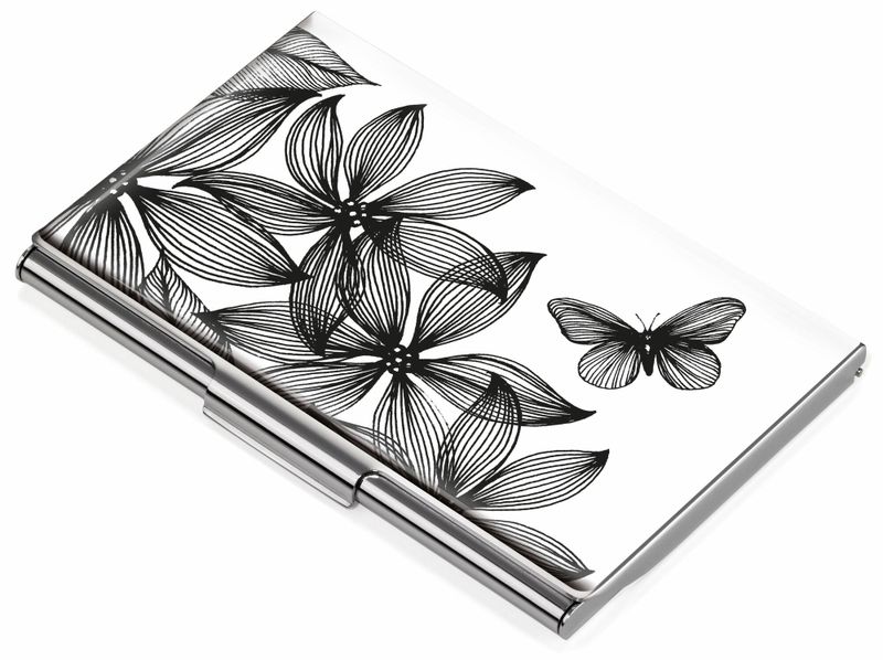 #CDC10-A152 Troika BLACK FLOWERS Ploché puzdro na 11 vizitiek, bielo-čierne, motív kvetov