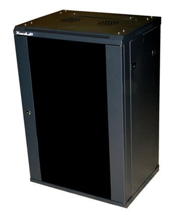 XtendLan 22U/600x450, na zeď, jednodílný, skleněné dveře černý Rozvadec, 19", na stenu, jednodílný, 22U, 600 x 450, celosklenené dvere, kourové sklo, rozložený, nosnost 60kg, cerný