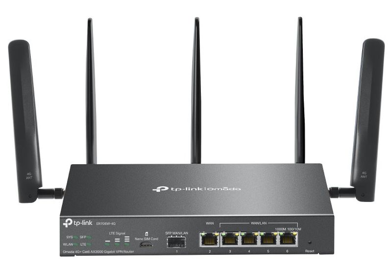 TP-Link ER706W-4G Gb VPN router Omada SDN Router, bezdrátový, podnikový, 802.11a/b/g/n/ac/ax, 4G+ LTE, 1× RJ-45 WAN, 4× RJ-45 WAN/LAN, 1× SFP, AX3000, Wi-Fi 6, Omada Mesh,
