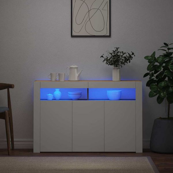 vidaXL Komoda s LED svetlami biela a dub sonoma 115,5x30x75 cm