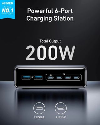 Anker Prime Nabíjecí Základna/ 200W/ 4x USB-C/ 2x USB/ GaN/ stříbrná nabíjecí stanice, 200W, 6 portu, 4× USB-C 100W, 2× USB-A 22,5W, PowerIQ 3.0, stríbrná