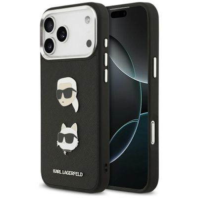 Karl Lagerfeld FW Zrnitý Karl & Choupette hlavičky špendlíky a logo obal pre iPhone 17 Pro Max čierna