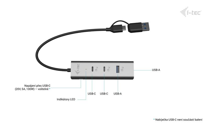 i-tec Universal Charging Metal HUB 2x USB-C + 2x USB-A Port, PD 85W i-tec univerzálny nabíjací Metal HUB 2x USB-C + 2x USB-A Port, PD 85W