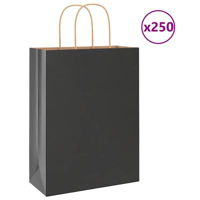 vidaXL Papierové tašky 250 ks s rúčkami, čierna, 26x12x35 cm