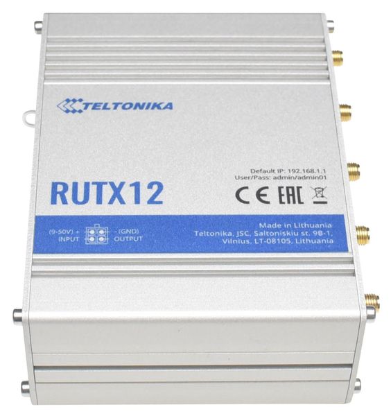 Teltonika Router RUTX12 Router, 1x WAN, 4x LAN, 1x USB, LTE, 3G, dual SIM, GPS, Wi-Fi, Bluetooth, VPN, RutOS, PoE