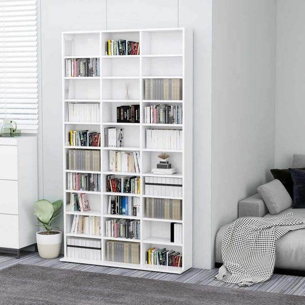 vidaXL Skrinka na CD, lesklá biela 102x23x177,5 cm, kompozitné drevo