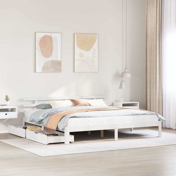 vidaXL Posteľný rám so zásuvkami biely 200x200 cm borovicový masív
