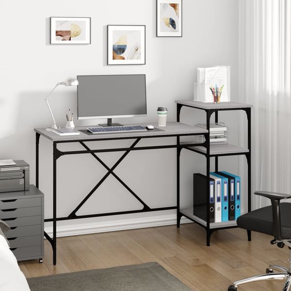 vidaXL Stôl s policami sivá sonoma 135x50x90cm spracované drevo železo