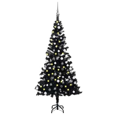 vidaXL Osvetlený umelý vianočný stromček s guľami, čierny 150 cm, PVC
