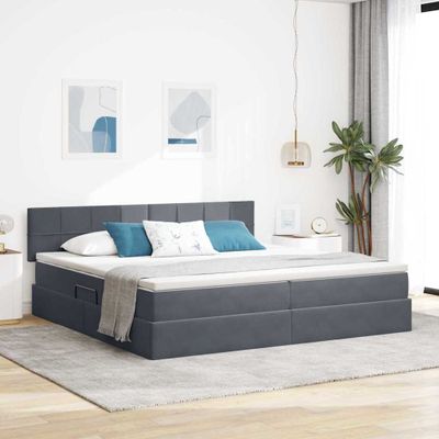 vidaXL LED úložná posteľ s matracom Tmavosivá 200 x 200 cm Zamat