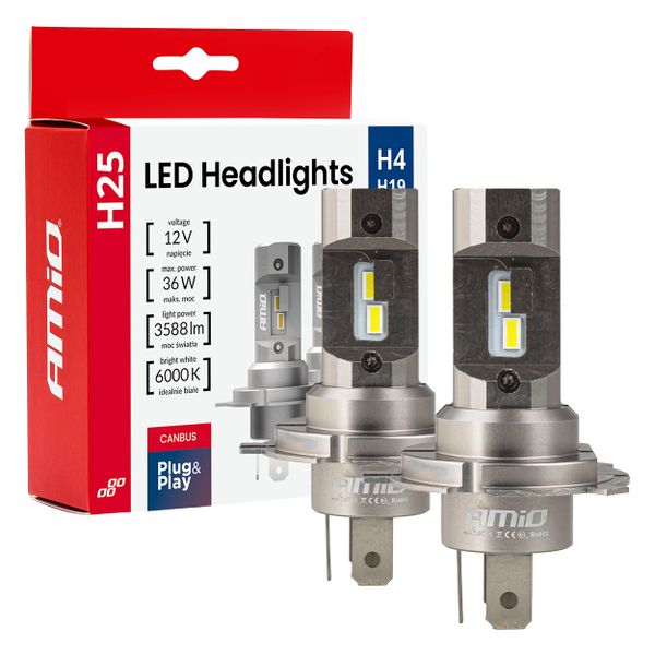 LED žárovky hlavného svietenia Séria H25 CANBUS H4 H19 12V 36W AMIO-04711