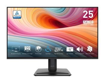 MSI monitor PRO MP251 E2 24,5" IPS/FHD/120Hz/1ms/HDMI/DP/VGA/černá Monitor, 24,5" IPS, 1920 × 1080, 120Hz, 1ms, HDMI 2.0, DisplayPort 1.4a, VGA, Adaptive-Sync, reproduktory 2× 2W, VESA, cerný