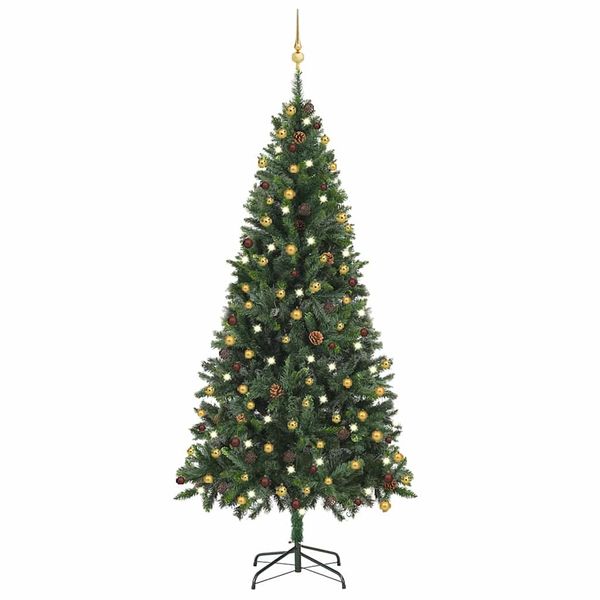 vidaXL Osvetlený umelý vianočný stromček s guľami, zelený 210 cm