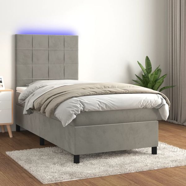 vidaXL Posteľ boxsping s matracom a LED bledosivá 90x200 cm zamat
