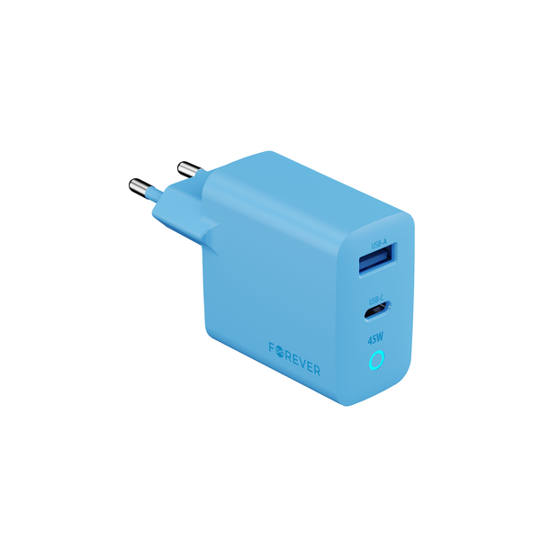 Forever Vibe-TC45AC GaN PD QC nabíjačka 1x USB-C 1x USB 45W modrá obloha