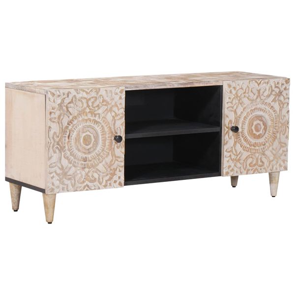 vidaXL TV skrinka Biela 105 x 33,5 x 46 cm Masívne mango drevo