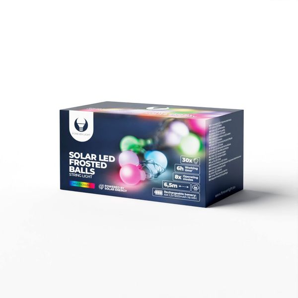 Svetelné reťazce so solárnymi LED matnými guľôčkami SFB62 6,5 m 30 guľôčok viacfarebné Forever Light