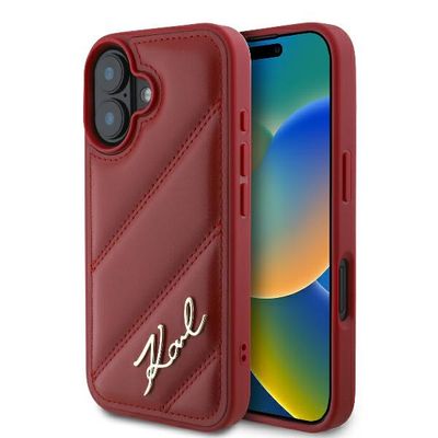 Puzdro Karl Lagerfeld pre iPhone 16 6,1" KLHCP16SPQDSMGR červené Pevné Diagonálne prešívané Script