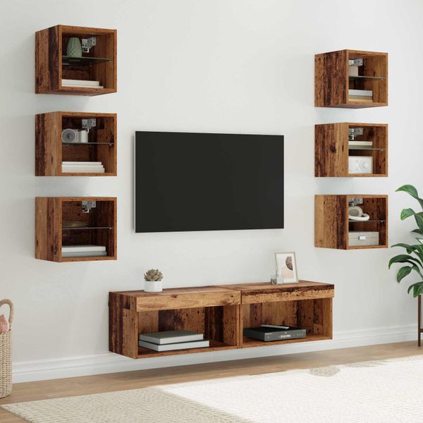 vidaXL TV skrinka so svetlami LED diódy 8 pcs Staré drevo Sklo