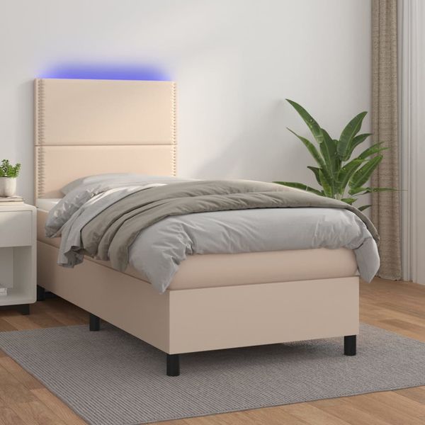 vidaXL Boxspring posteľ matrac a LED kapučínová 90x200 cm umelá koža