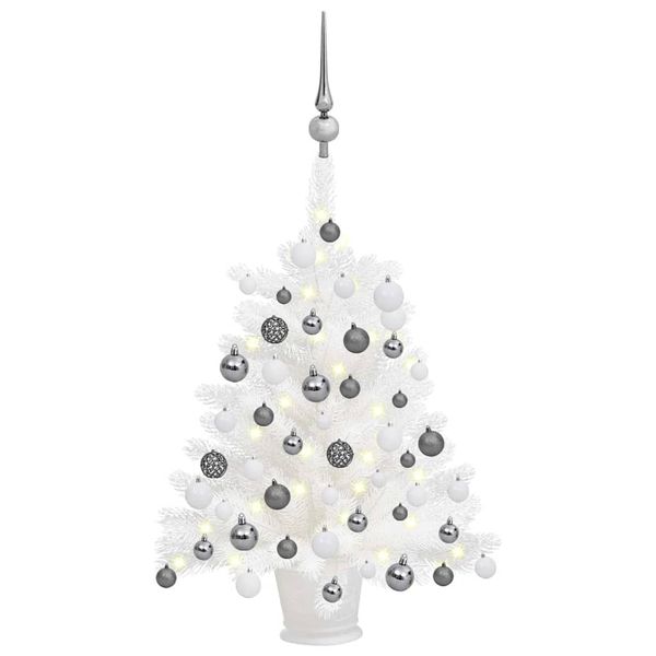 vidaXL Osvetlený umelý vianočný stromček s guľami, biely 65 cm