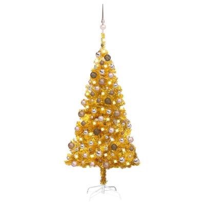 vidaXL Osvetlený umelý vianočný stromček s guľami, zlatý 120 cm, PET
