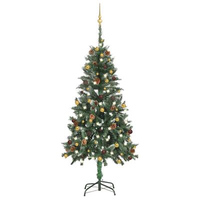 vidaXL Osvetlený umelý vianočný stromček s guľami 150 cm