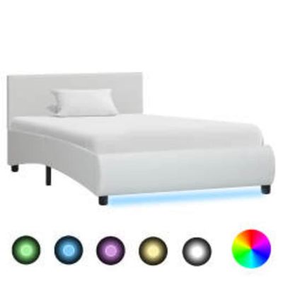 vidaXL Posteľný rám s LED, biely, umelá koža 100x200 cm