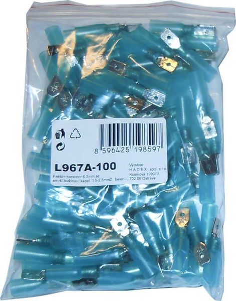 Faston-konektor 6,3mm so smršťovacou bužírkou, kábel 1,5-2,5mm2, balenie 100ks
