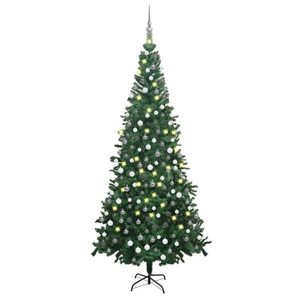 vidaXL Osvetlený umelý vianočný stromček s guľami L 240 cm, zelený