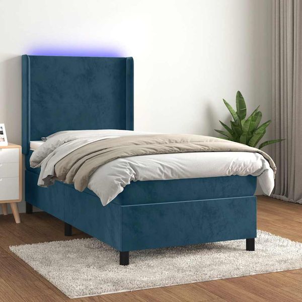 vidaXL Posteľný rám boxsping matrac a LED tmavomodrý 100x200 cm zamat