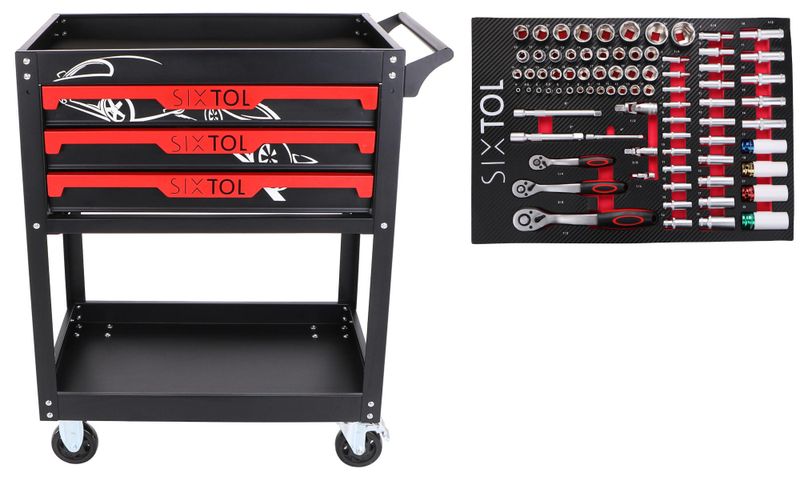 Dielenský vozík s náradím MECHANIC TROLLEY JASON 80, 3 zásuvky, 1 polica, 80 ks náradia SIXTOL