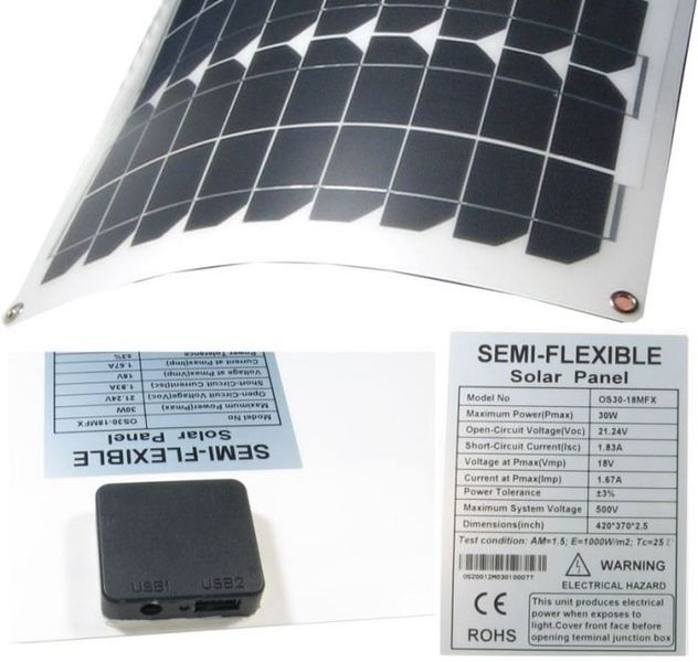 Fotovoltaický solárny panel USB+12V/30W flexibilný OS30-18MFX Fotovoltaický solární panel USB+12V/30W flexibilní OS30-18MFX