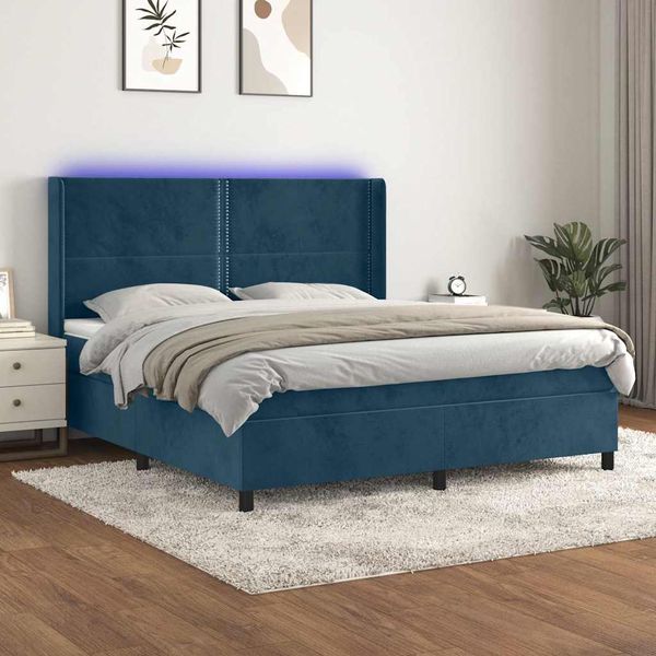 vidaXL Posteľný rám boxsping matrac a LED tmavomodrý 180x200 cm zamat