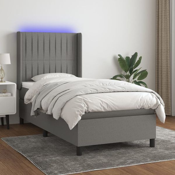 vidaXL Posteľ boxsping s matracom a LED tmavosivá 100x200 cm látka