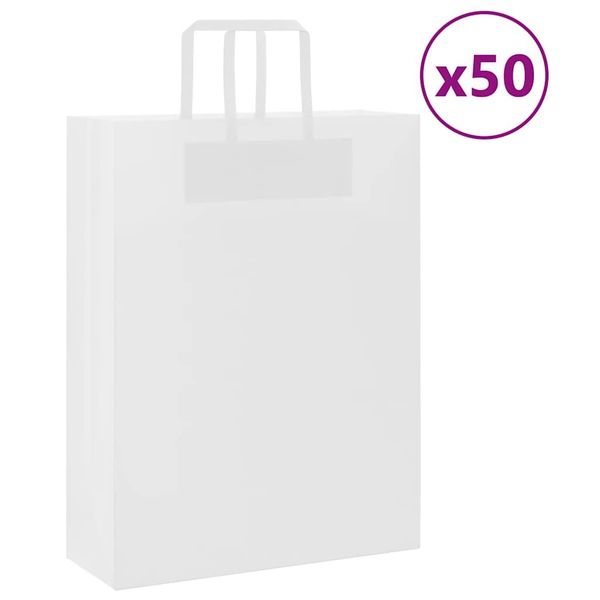 vidaXL Papierové tašky 50 ks s rúčkami, biele, 32x12x42 cm