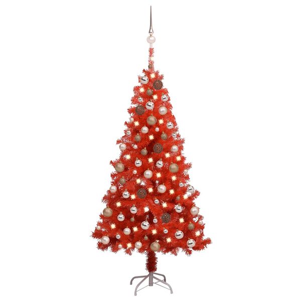 vidaXL Osvetlený umelý vianočný stromček s guľami, červený 120 cm, PVC