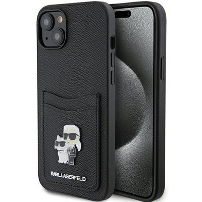 Púzdro Karl Lagerfeld pre iPhone 15 6,1" KLHCP15SSAPKCNPK čierny tvrdý obal Saffiano s držiakom kariet Karl&Choupette Metal Pin