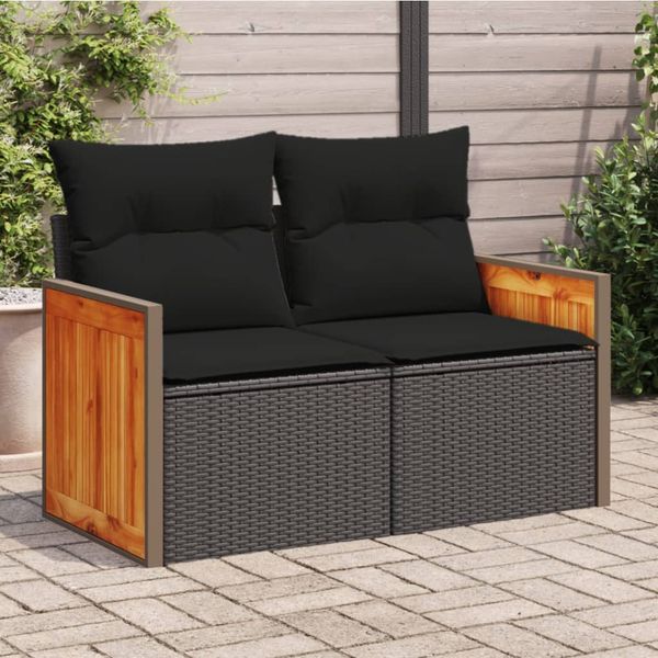 vidaXL Záhradná pohovka s vankúšmi 2-miestna čierna polyrattan