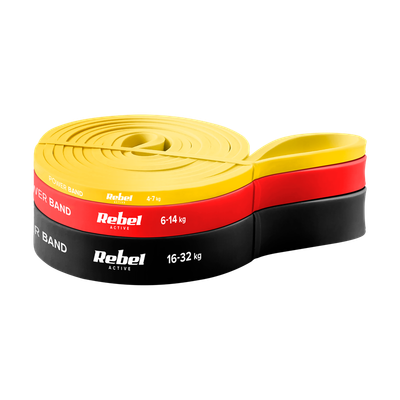 Latexová sada cvičebných pásov - Power Band PLs-1, 4-32 kg, 3 pásy, REBEL ACTIVE