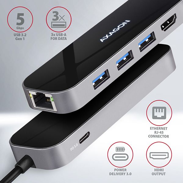 AXAGON HMC-6GL, USB 3.2 Gen 1 hub, 3x USB-A, HDMI 4k/30Hz, RJ-45 GLAN, PD 100W, kabel USB-C 20cm Dokovací stanice, USB typ C, kompatibilní s Thunderbolt 3, 1x HDMI, 3x USB 3.0, 1x USB typ C, RJ-45, Power Delivery 60W