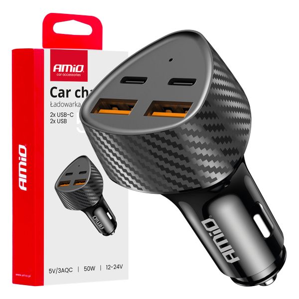 Nabíjačka do auta 50W 2xUSB-A + 2xUSB-C AMiO-04284