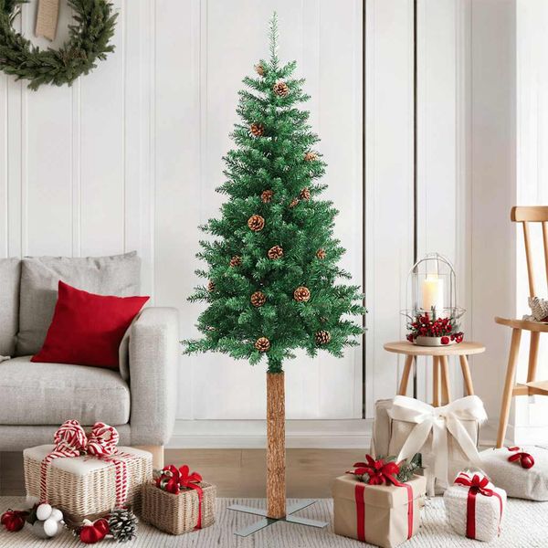 vidaXL Úzky vianočný stromček, pravé drevo a šišky, zelený 150 cm, PVC