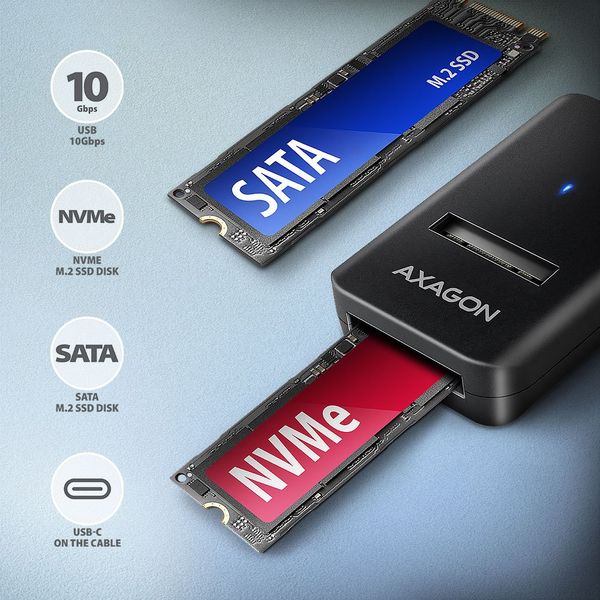 AXAGON ADM2-CM USB-C 10Gbps - M.2 NVMe & SATA SSD adaptér, kábel USB-C 10cm Adaptér, NVMe/SATA M.2, USB-C 3.2 Gen2, 10Gb/s, UASP, TRIM, S.M.A.R.T., Hot Plug, Plug and Play, 10cm, čierny
