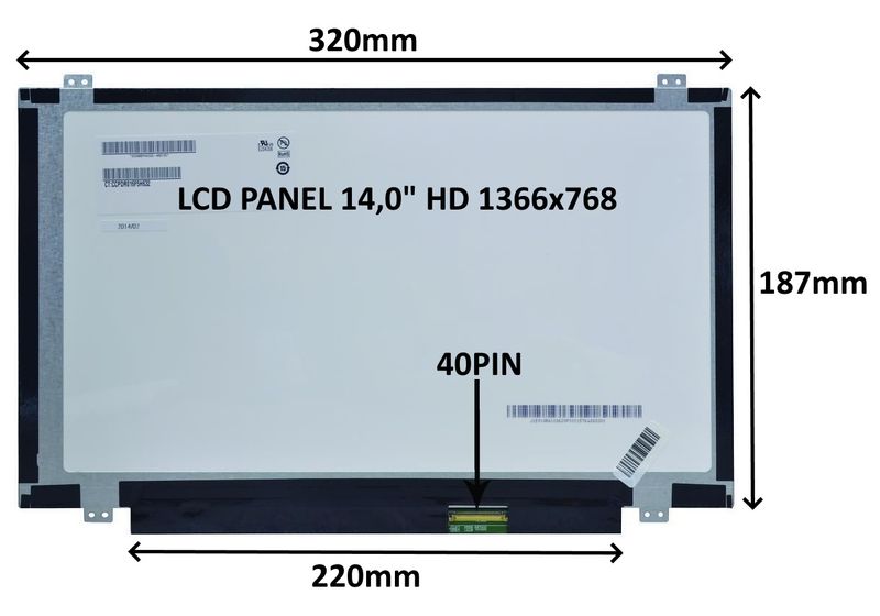 LCD PANEL 14,0'' HD 1366x768 40PIN MATNÝ / ÚCHYTY HORE A DOLE