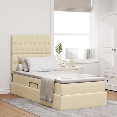 vidaXL Postel s úložným prostorem a matrací Krémová 100 x 200 cm látka